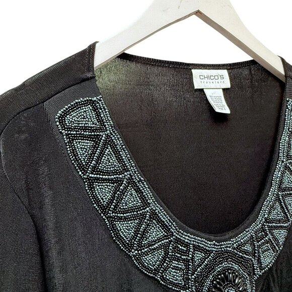 Chicos Travelers Black Beaded Slinky Tunic Large (Chicos 2) Stretch Womens Top - Picture 6 of 10